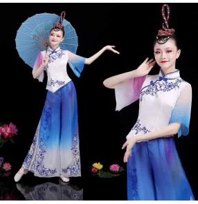 Women Blue white chinese folk dance costumes classical traditional Yangko Umbrella porcelain Fan umbrella dance dresses